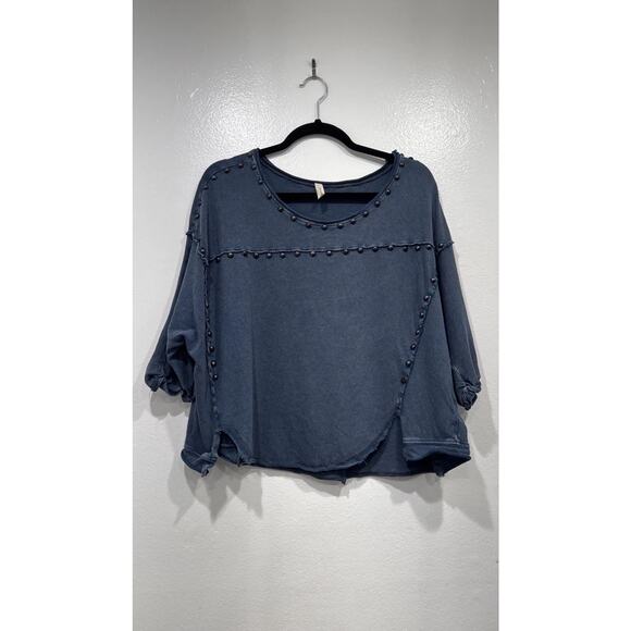 Free People Studded Blue Dillon Top Women’s Size Small Boho Dolman Sleeve Studs - Picture 1 of 10